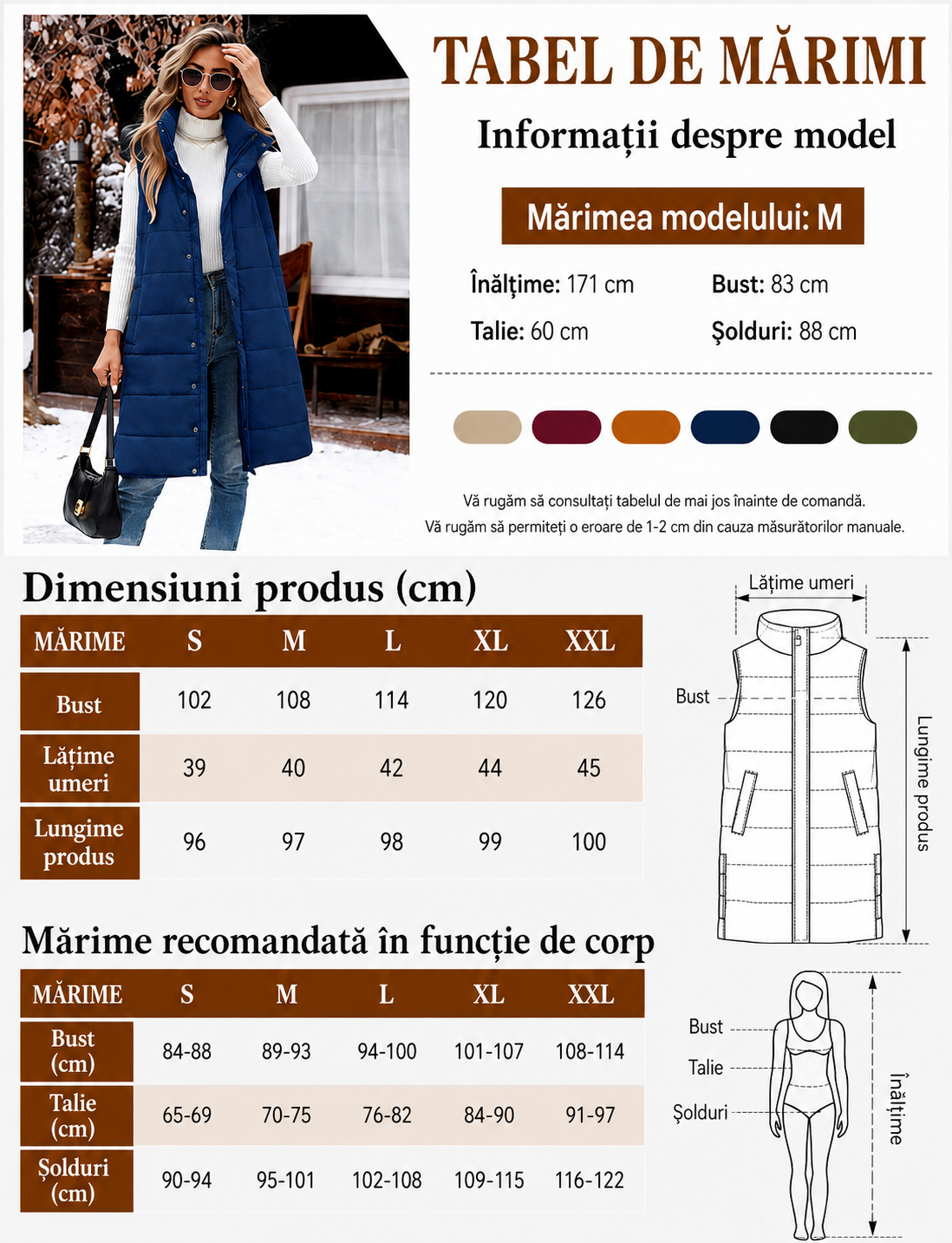 Vesta lunga dama matlasata cu gluga, fermoar si capse, 2 buzunare, albastru marin, S