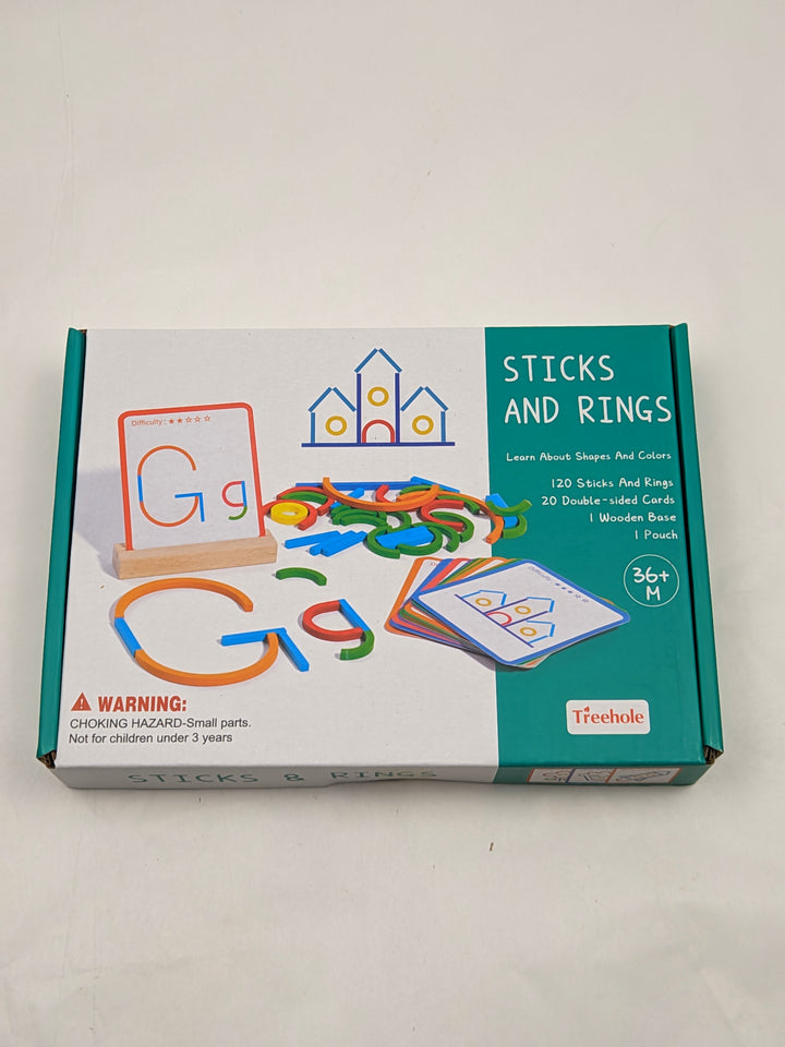 Puzzle Montessori din lemn, joc de potrivire a formelor, 120 bețișoare și inele, 20 carduri față-verso, 3-6 ani