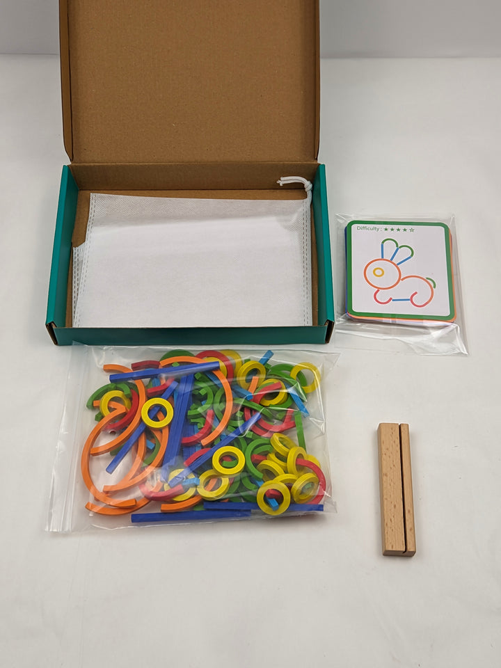 Puzzle Montessori din lemn, joc de potrivire a formelor, 120 bețișoare și inele, 20 carduri față-verso, 3-6 ani