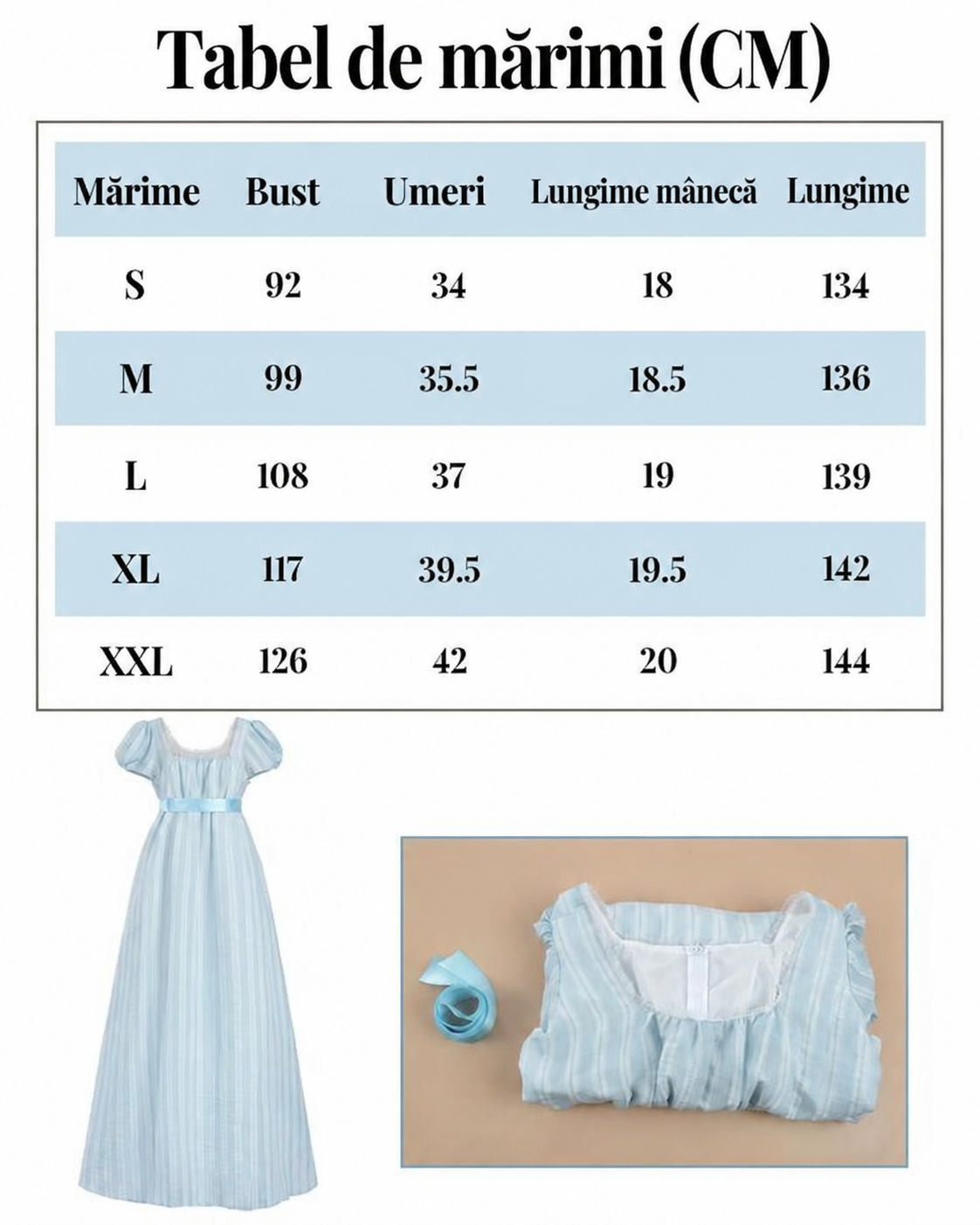 Rochie cosplay de epocă CR ROLECOS, talie înaltă, croială evazată, albastru deschis
